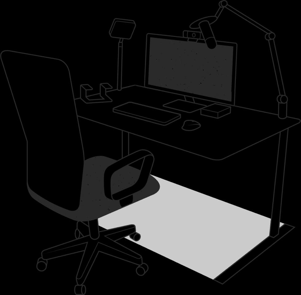 The Anyplace workstation — monitor, keyboard, mouse, webcam, lighting, microphone, laptop stand, height-adjustable desk and ergonomic chair